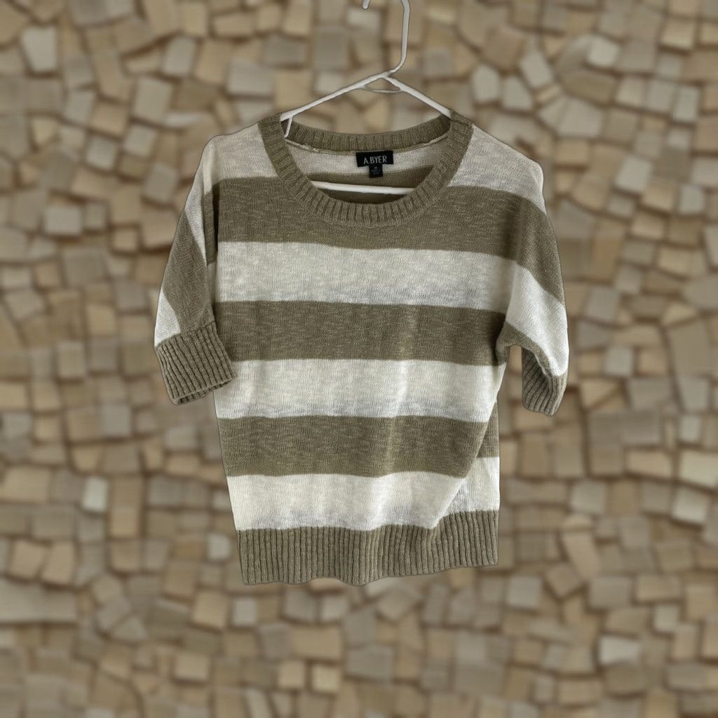 Vintage A. Byer Sweater Womens Size M Brown Cream Striped Pullover Half Sleeve Crew Neck Casual Modern Fall Winter Spring - Womens Size M / US 6-8 / IT 42-44 - 1 Thumbnail
