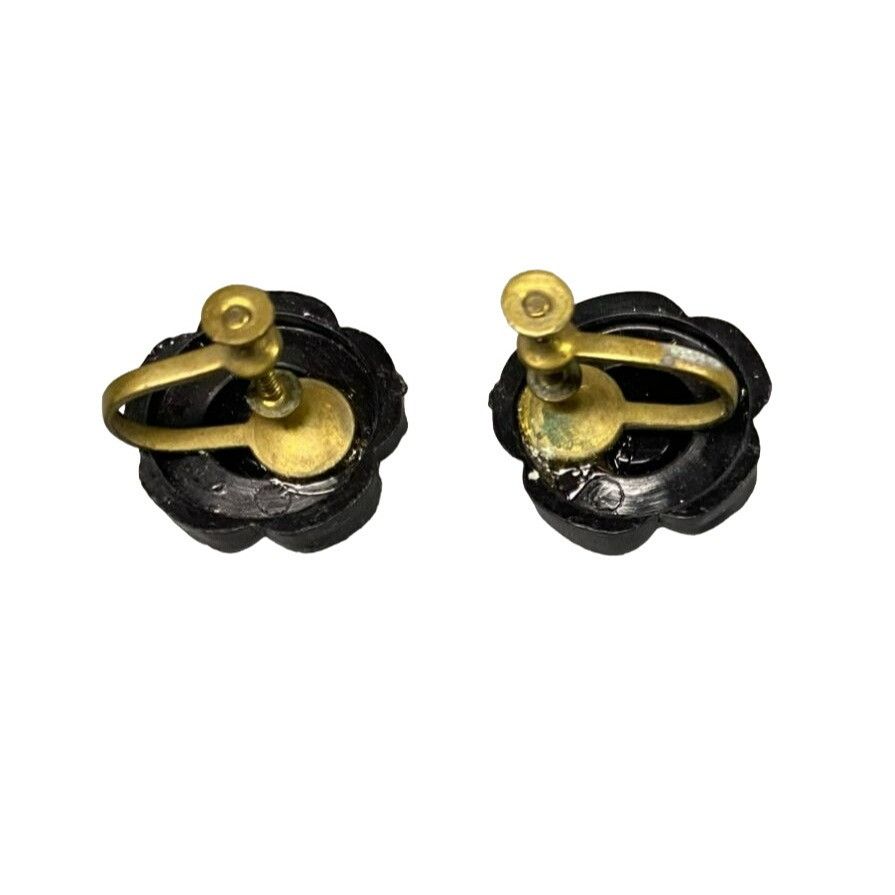 Other Vintage Black Rose Screw Back Earrings With Clear Rhinestone Size ONE SIZE - 3 Thumbnail