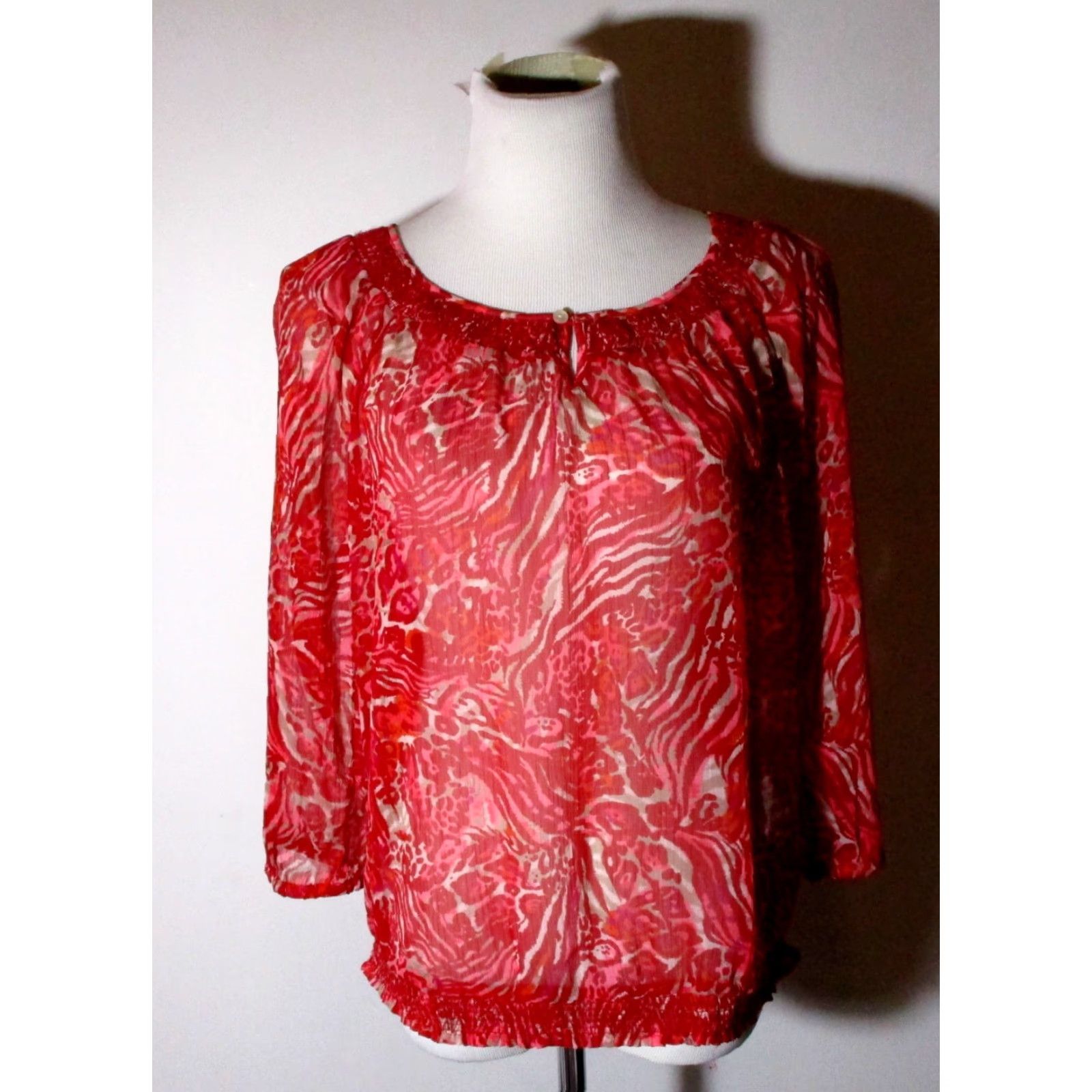 Lucky Brand Lucky Brand Sheer Red Top Blouse S Women - 3/4 Sleeve, Knit Polyester, Floral, Button Front, Boat Neck - Vintage No Size S / US 4 / IT 40 - 2 Thumbnail