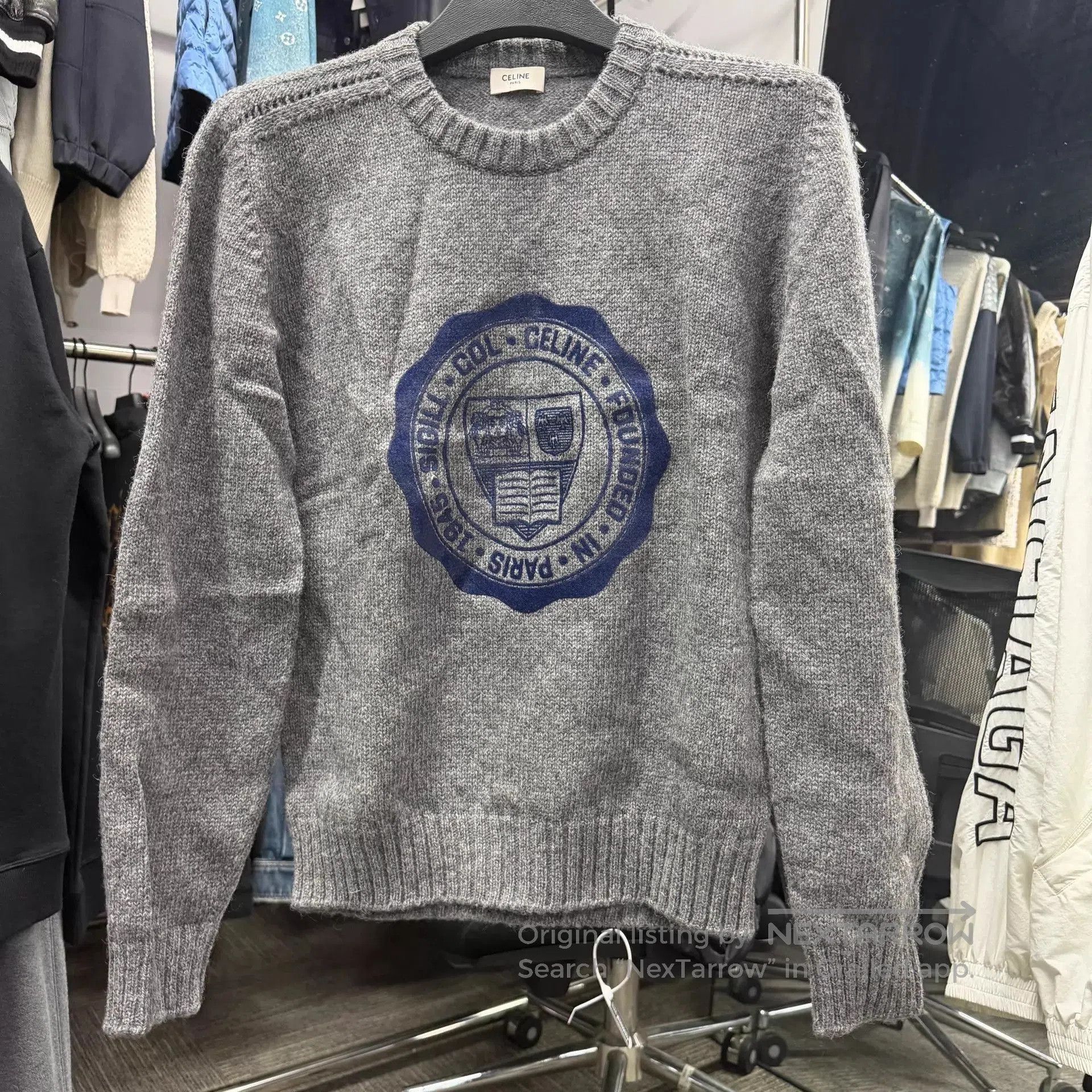 Celine Gray Knit Sweater with Blue Emblem. Size US S / EU 44-46 / 1 - 1 Thumbnail