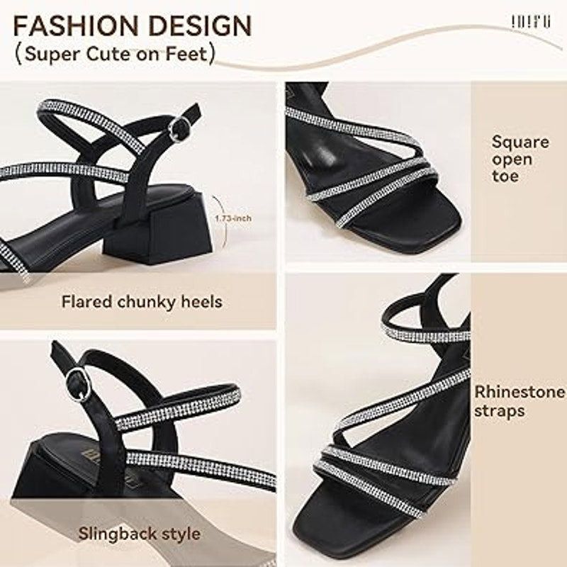 Other Idifu Women's 8.5 Black Silver Rhinestone Block Heel Sandals Size US 8.5 / IT 38.5 - 2 Thumbnail