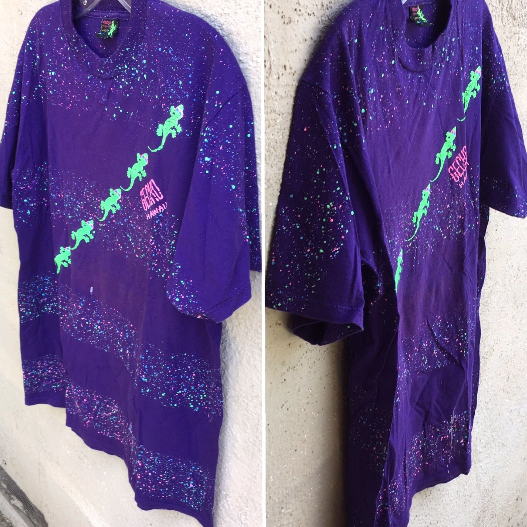 Vintage VINTAGE Gecko Hawaii T-Shirt Mens L Purple Neon Graphics Happy Shirts Geckos Puff Paint 80s 90s Neon Splatter Striped Animals Hawaiian Size US L / EU 52-54 / 3 - 2 Thumbnail