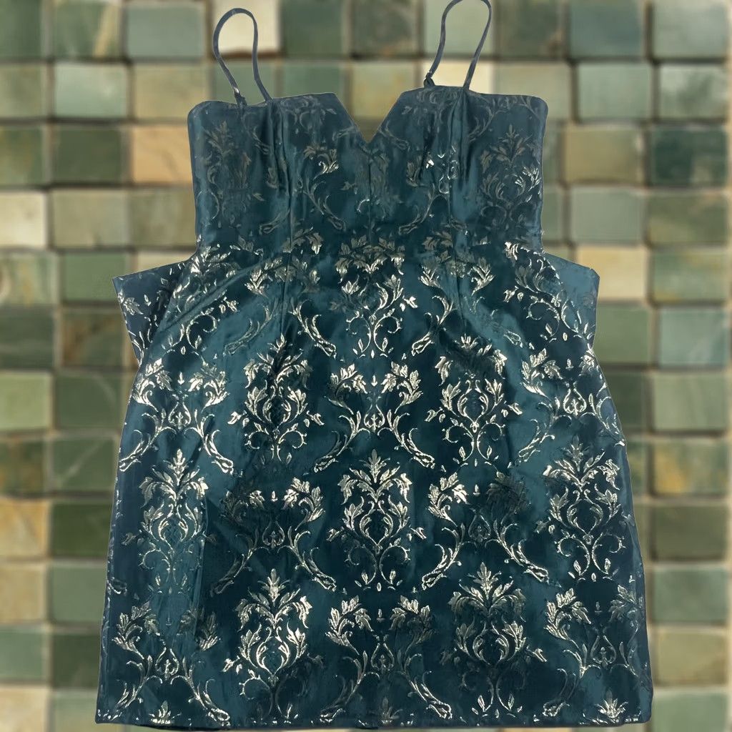 Vintage Altar'd State Dress Womens Small Teal Margolis Metallic Jacquard Mini Bow Back Dress Size S / US 4 / IT 40 - 1 Thumbnail