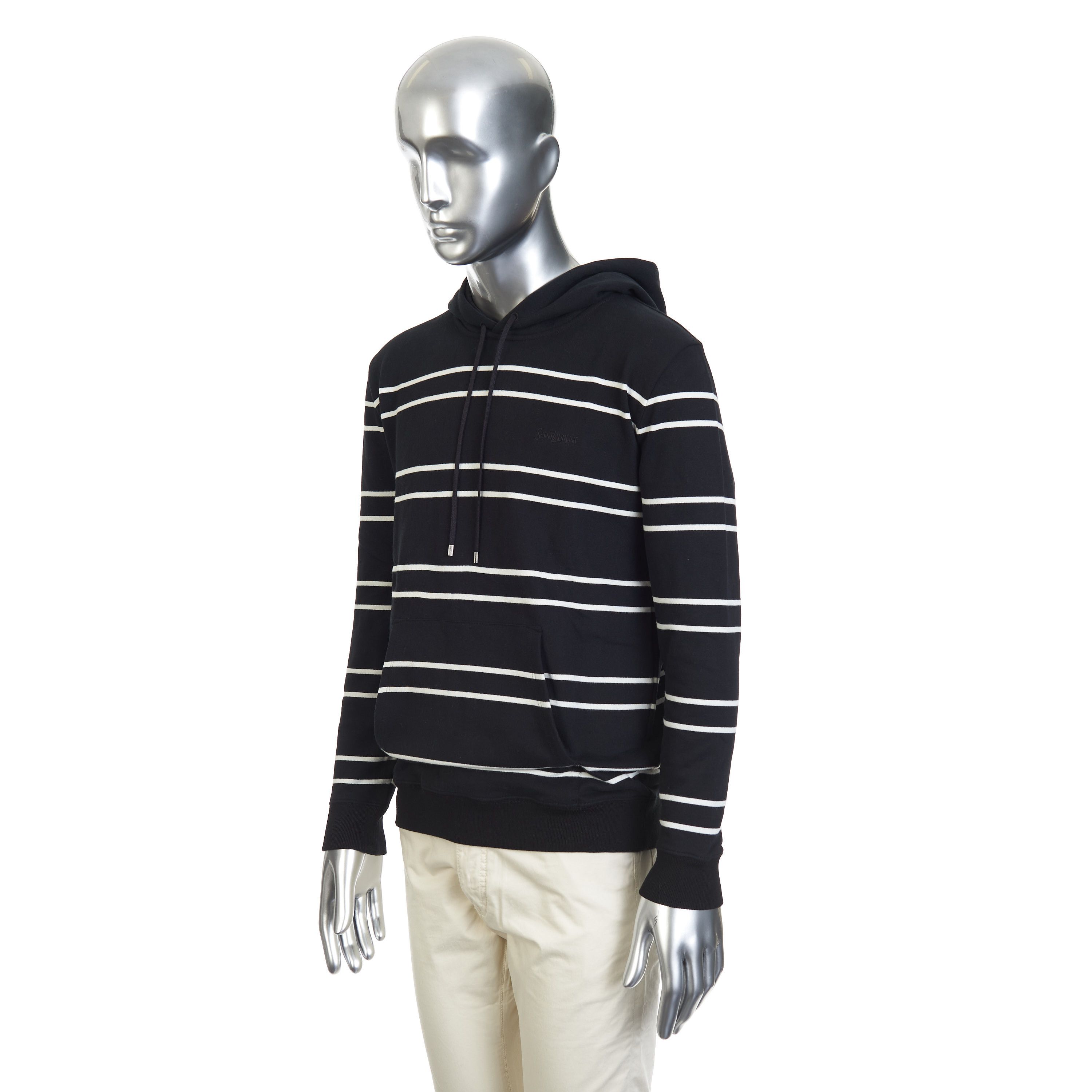 Saint Laurent Paris Hooded Sweatshirt In Striped Black Cotton & Logo Embroidey Size US M / EU 48-50 / 2 - 3 Thumbnail