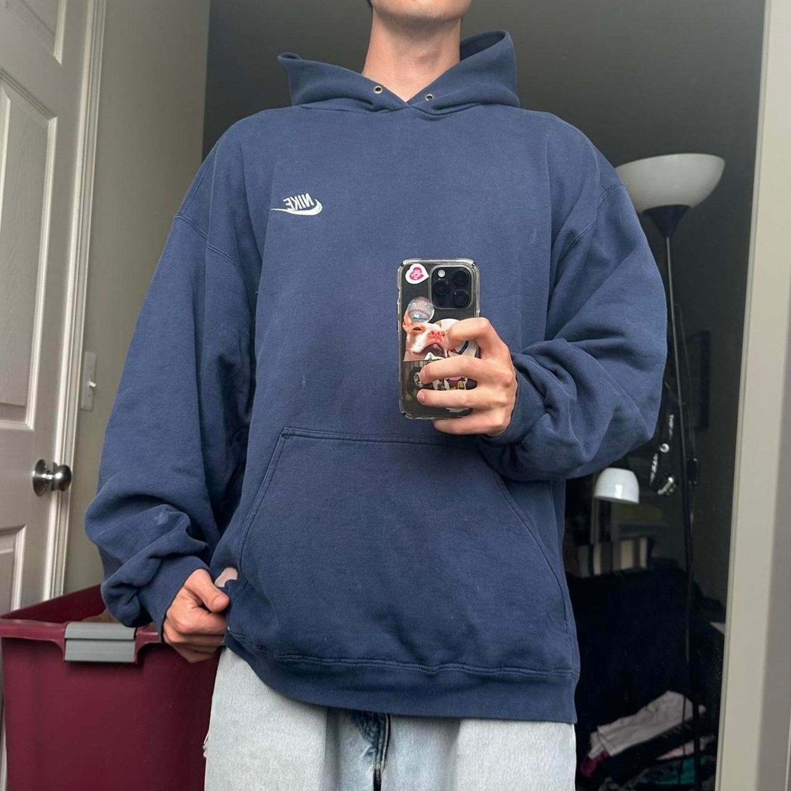 Nike × Vintage Vintage 90s Baggy Nike Check Navy Cotton Hoodie Sweatshirt Size US XXL / EU 58 / 5 - 7 Thumbnail