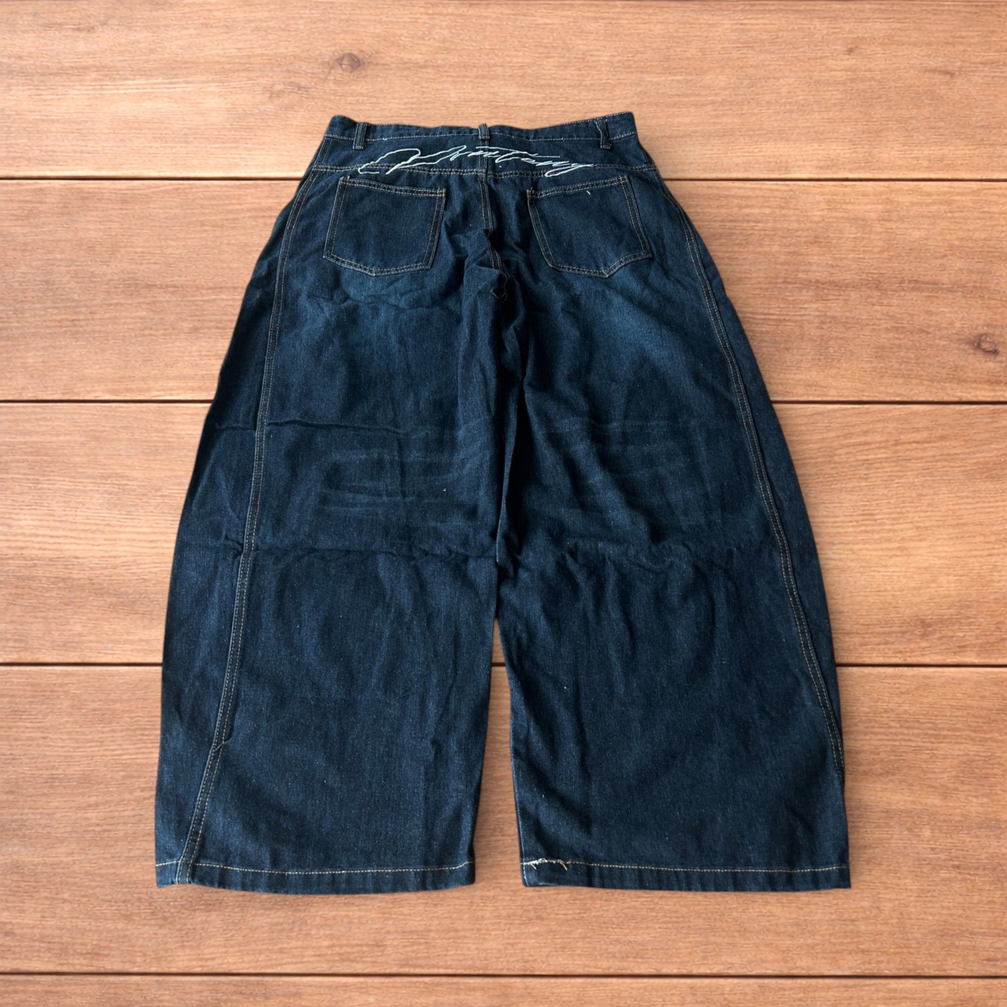 Japanese Brand Baggy wide leg skater jeans with embroidery in dark blue. Size US 36 / EU 52 - 1 Thumbnail