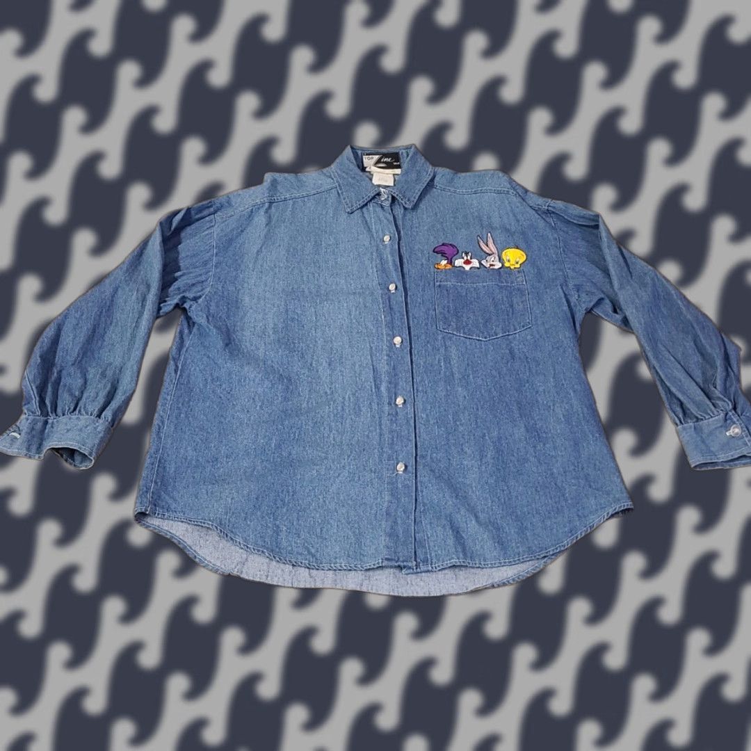 Denime VINTAGE Top Line USA Denim Button-Up Long Sleeve Embroidered Looney Tunes Plaid Collared Shirt M Women Blue 100% Cotton USA-made Embroidered Logo Size M / US 6-8 / IT 42-44 - 1 Thumbnail