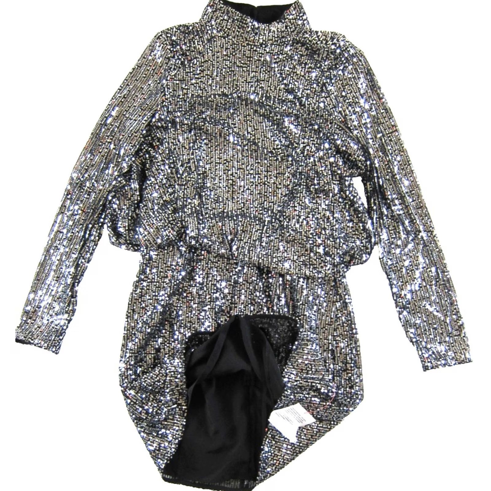 Asos ASOS Design Dress 10 NWT Silver Metallic Sequin High Neck Long Sleeve Open Back Size L / US 10 / IT 46 - 4 Thumbnail