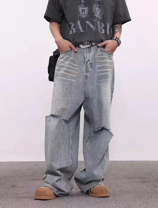 Japanese Brand VIBE Washed vintage distressed ripped fringed baggy jeans Size US 32 / EU 48 - 1 Thumbnail