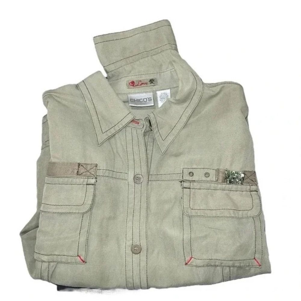 Chicos CHICOS Size Large Olive Green Short Bomber Jacket Linen Sil Size L / US 10 / IT 46 - 3 Thumbnail