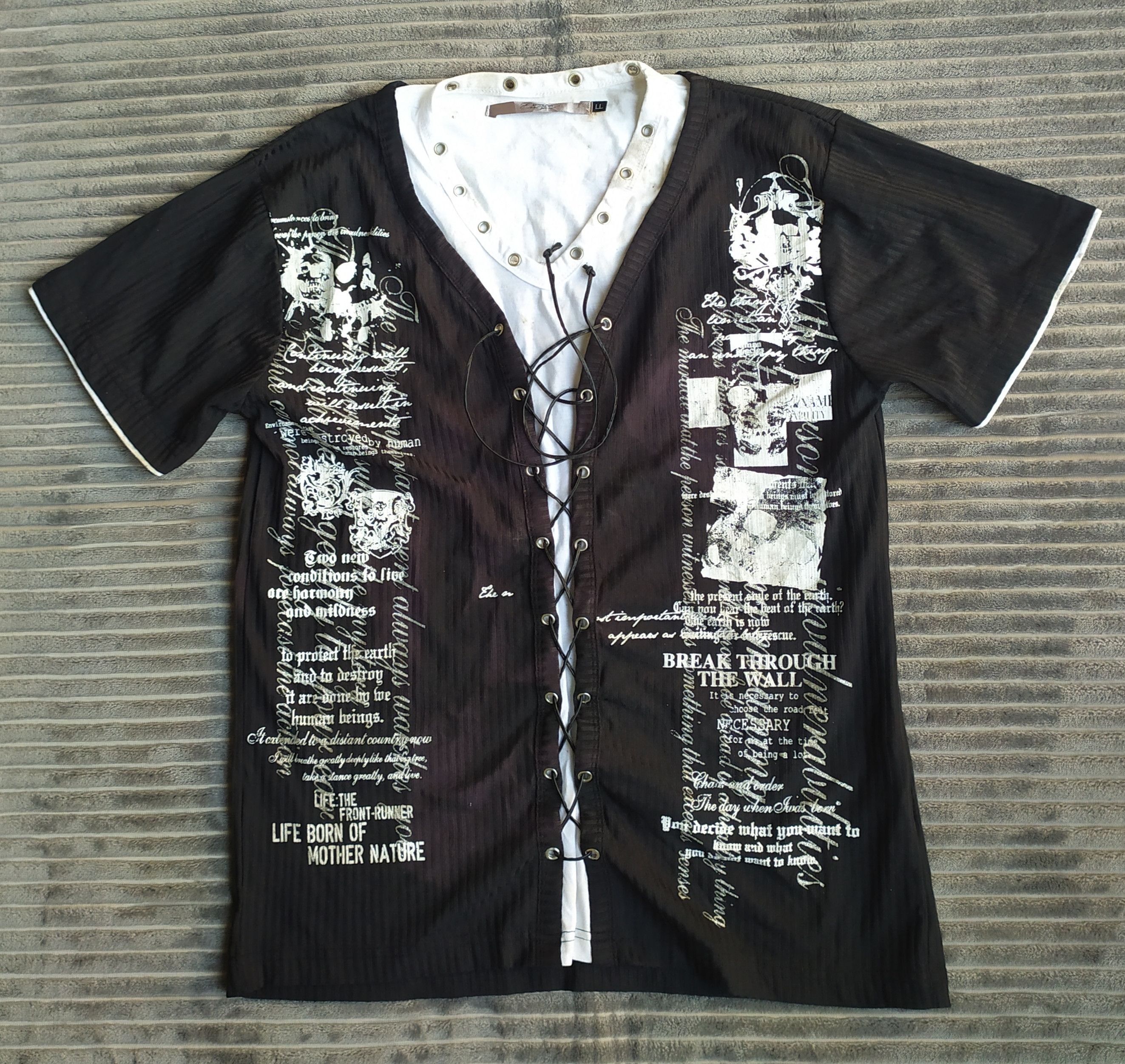 If Six Was Nine × Japanese Brand × KMRii Y2K Euroyal Double Layered Laces Poem Skull Shirt Size US L / EU 52-54 / 3 - 1 Thumbnail