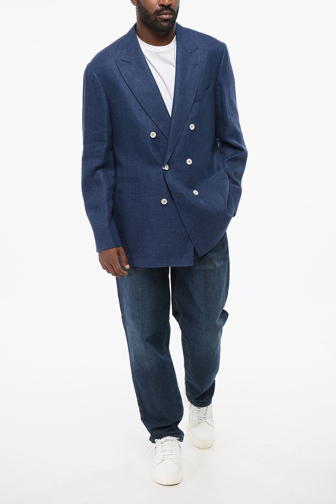 Brunello Cucinelli og1mm0725 Twill Linen Blend Double-breasted Blazer in Blue Size US XL / EU 56 / 4 - 3 Thumbnail