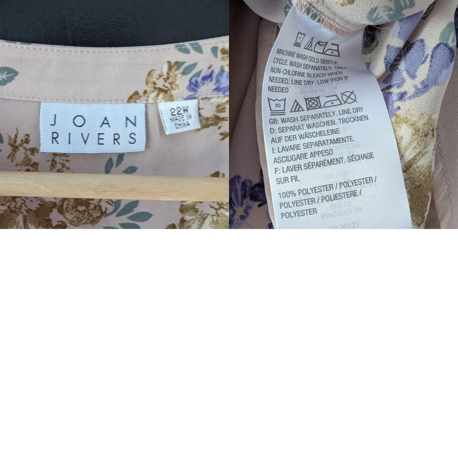 Vintage Joan Rivers Floral 3/4 Tie Sleeve Button Front Tunic Blush Pink Lavender Sz 22W Size 3XL / US 20-22 - 8 Thumbnail