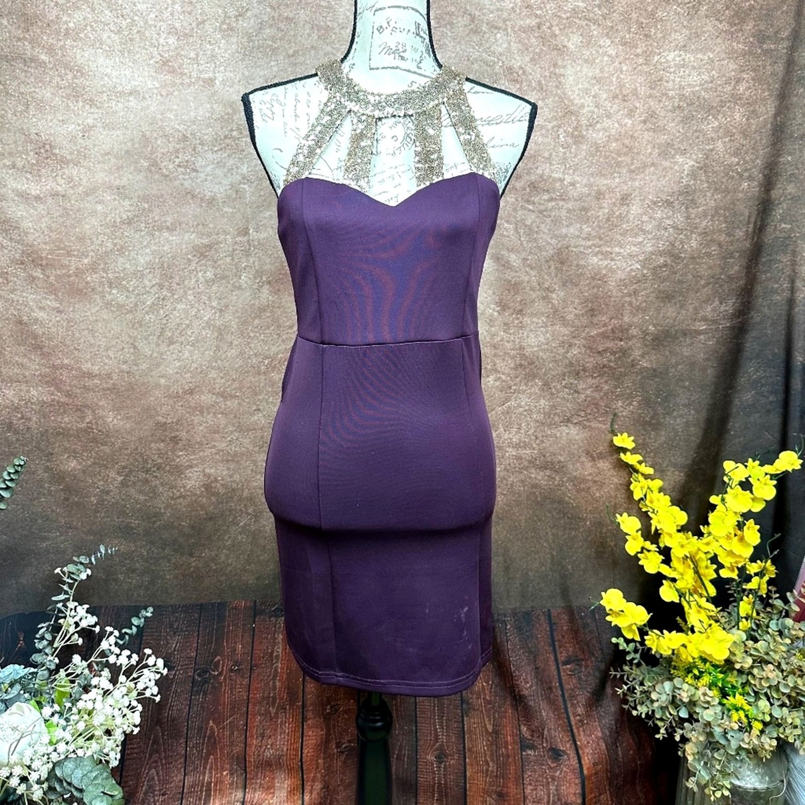Tobi Cut Out Back Mini Cocktail Dress Purple Gold - size M -  wpequipmentugltd.com