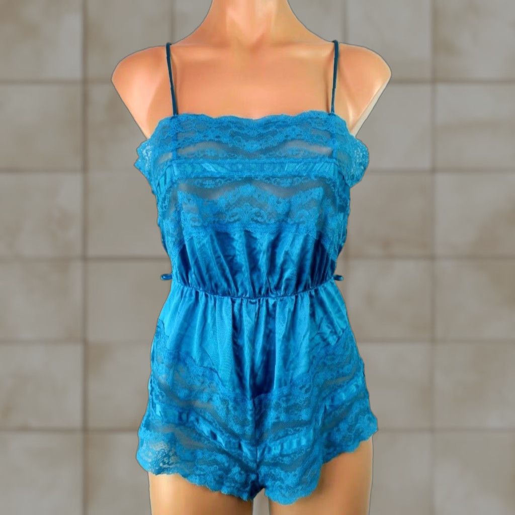 Vintage 80's Bright Blue Lace Teddy Romper Festival WomenS S Nylon Usa Lingerie, Women's (Size 28)