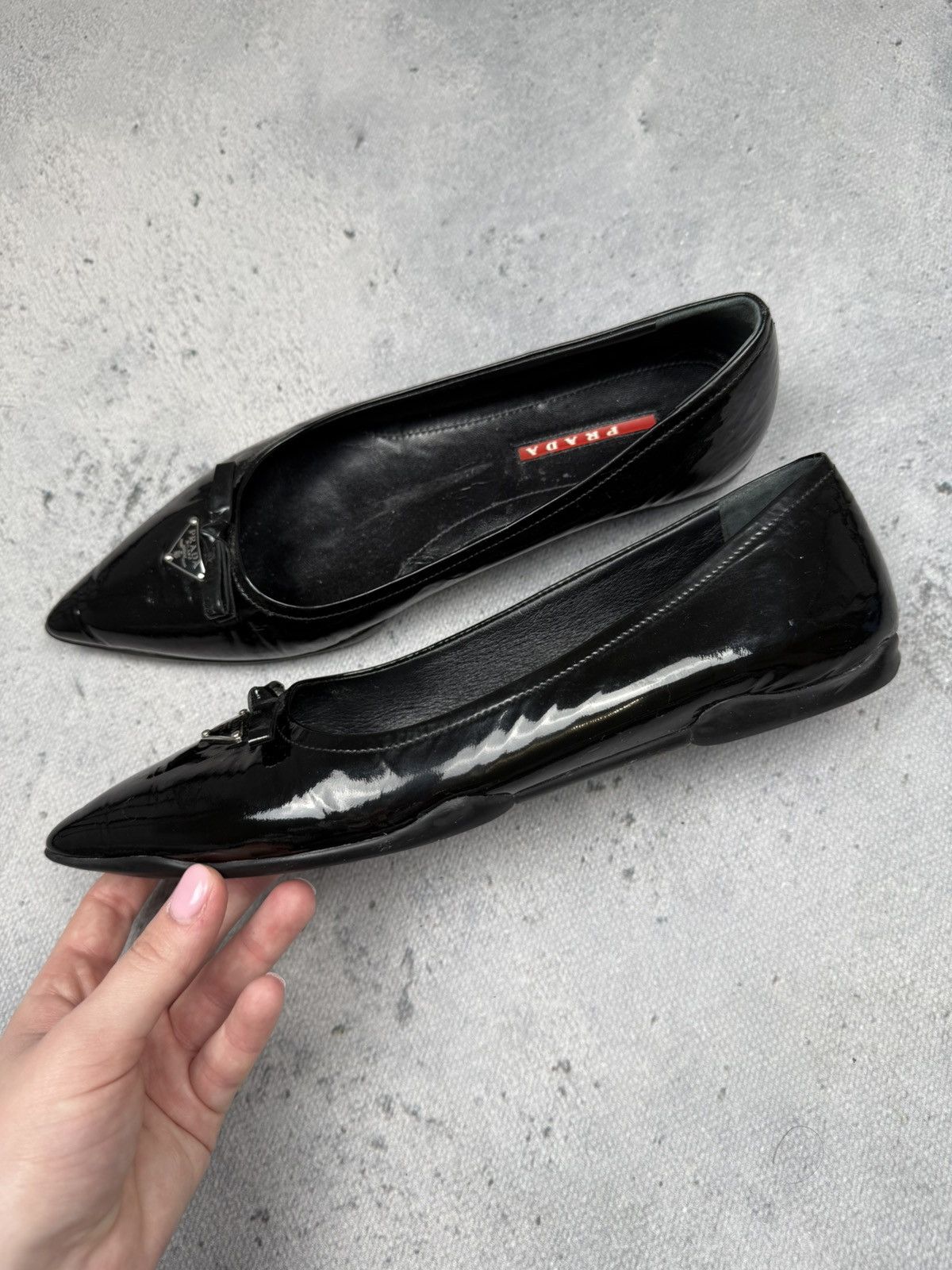Prada Prada Black Patent Leather Pointed Toe Flats Metal Logo Rare Size US 8.5 / IT 38.5 - 3 Thumbnail