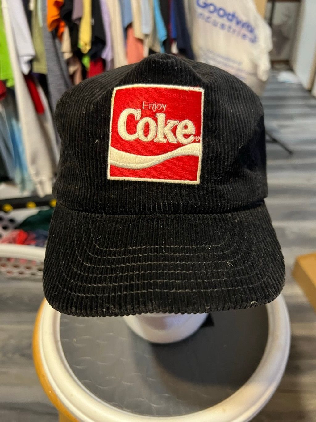 Vintage Vintage Men's DeLONG Black Corduroy Enjoy Coke Baseball Cap Size 30 - 1 Thumbnail