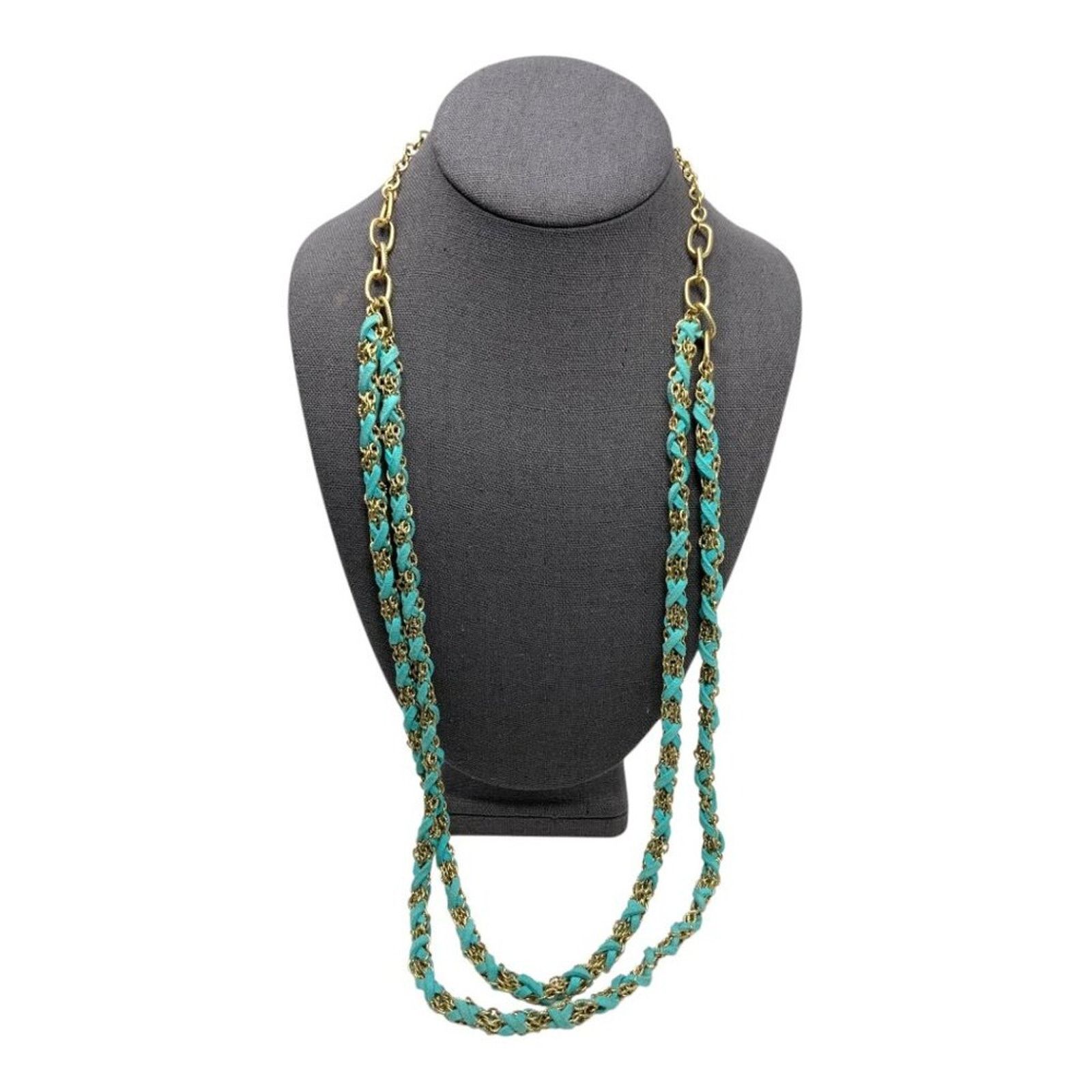 Other Blue Leather & Gold Tone Chain Layered Necklace Size ONE SIZE - 1 Thumbnail