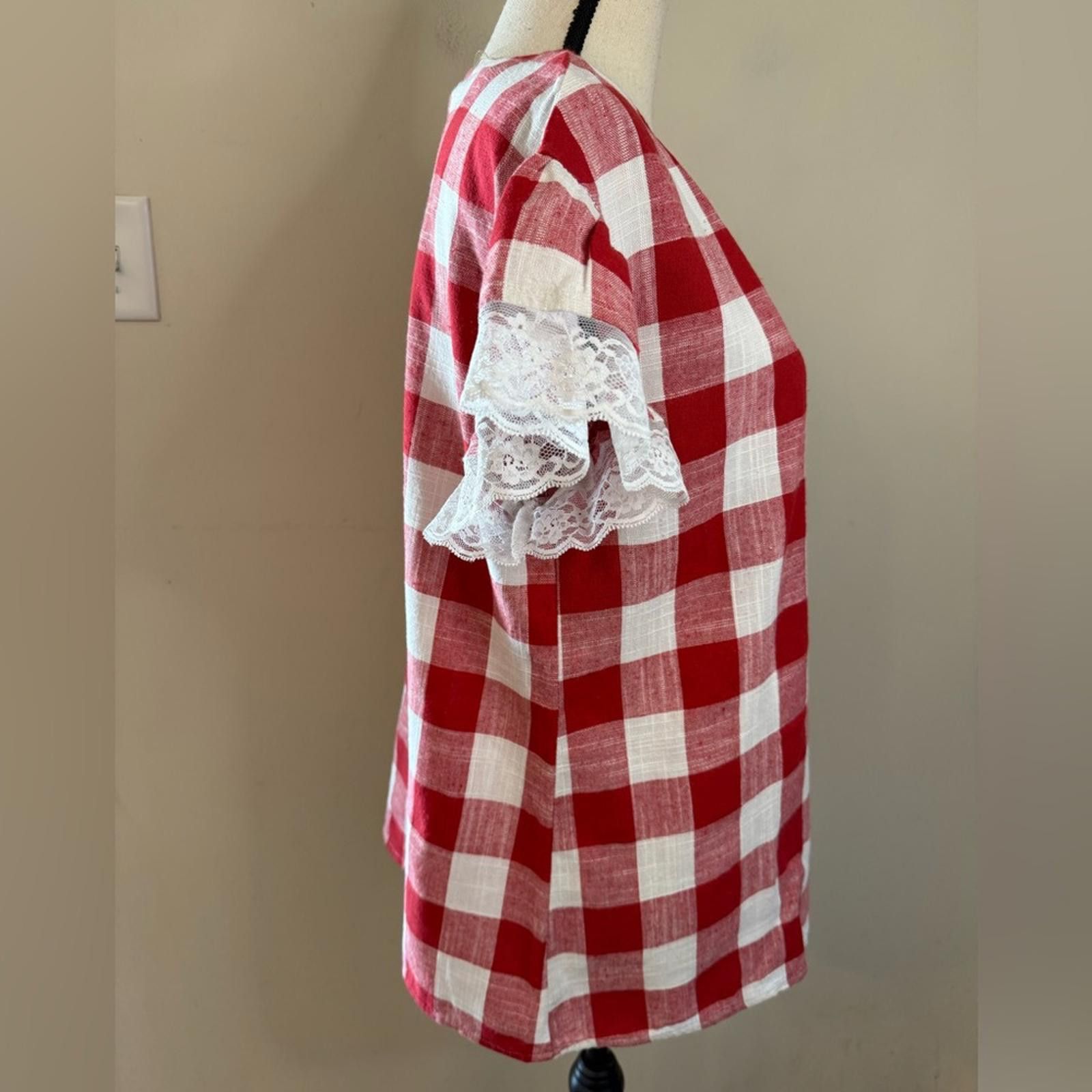 Other Wonderland by Orange linen blend red white plaid lace top LG Size L / US 10 / IT 46 - 2 Thumbnail