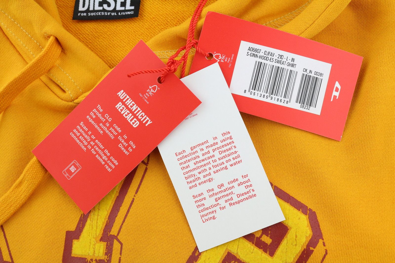 Diesel S-GINN-HOOD-E5 L Yellow Logo Hoodie 41033 Size US L / EU 52-54 / 3 - 7 Thumbnail