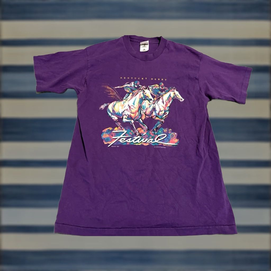 Fruit Of The Loom VINTAGE Kentucky Derby Festival Purple Tee Shirt L Adult 1990s USA Fruit of the Loom Shirt Mens 90s Short Sleeve Crew Neck Single Stitch Cotton Size US L / EU 52-54 / 3 - 1 Thumbnail