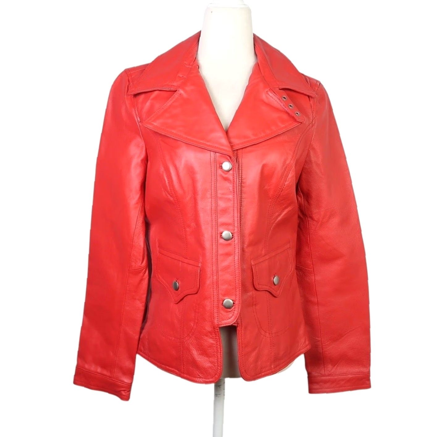 Vintage Cami Red Leather Button Front Jacket Womens 10 Regular Short Long Sleeve Biker Solid Vintage? Size L / US 10 / IT 46 - 2 Thumbnail