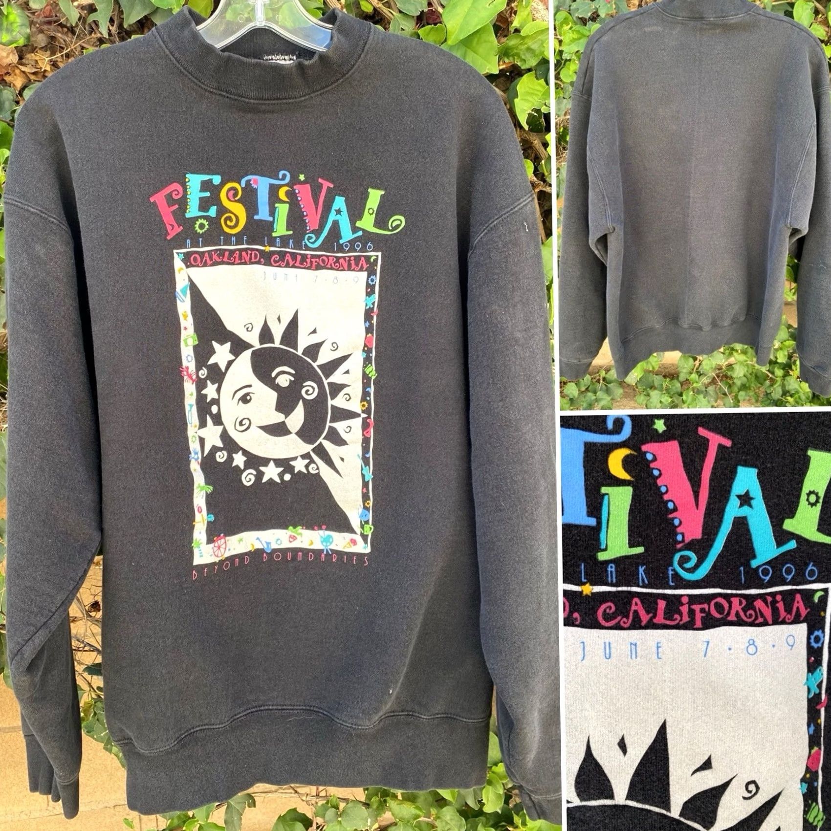 Fruit Of The Loom VINTAGE Festival At The Lake Oakland CA Sweatshirt XL Adult Black 90s Sun Moon Graphic Print USA Fade Mens Size US XL / EU 56 / 4 - 6 Thumbnail