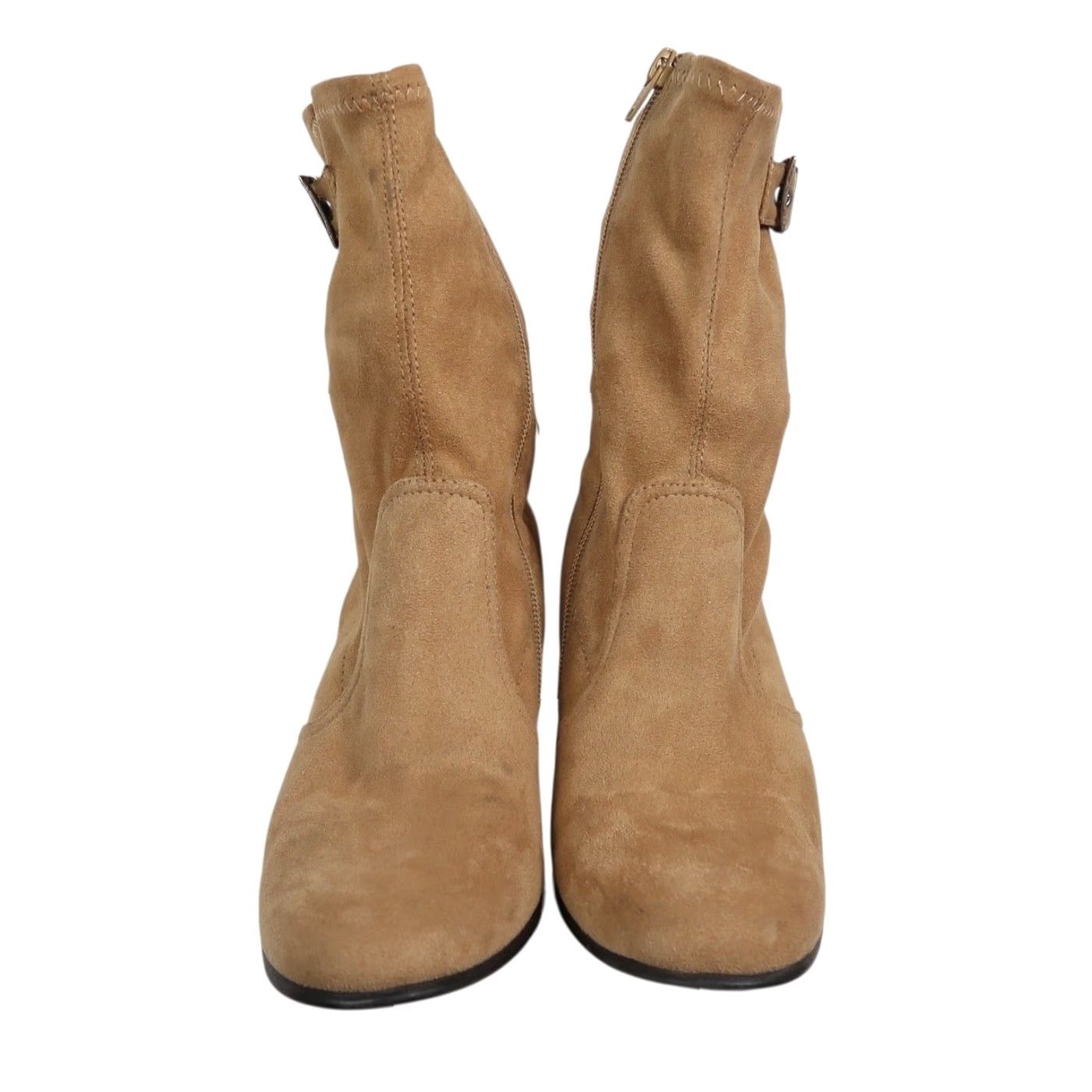 Vintage VINTAGE Predictions Tan Faux Suede Heeled Mid Calf Boots 7.5 Womens Boots 90s High Heels Zip Buckle Vintage 90s Event Theme 3" Heel Size US 8 / IT 38 - 2 Thumbnail