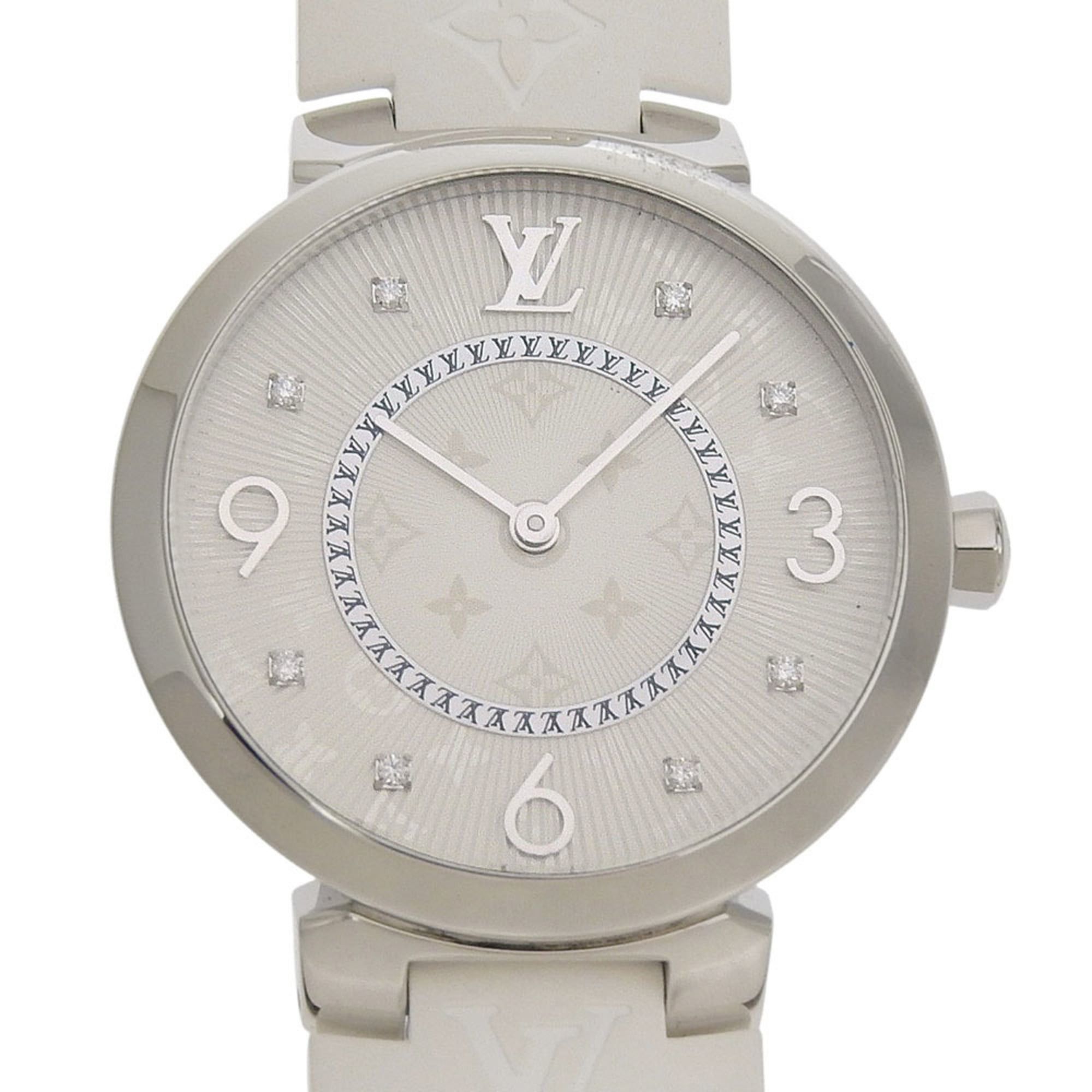 Louis Vuitton Like new Louis Vuitton Tambour MM Q13MJ white dial watch with 8 diamonds, stainless steel and rubber case, quartz movement, 33mm Size ONE SIZE - 1 Thumbnail