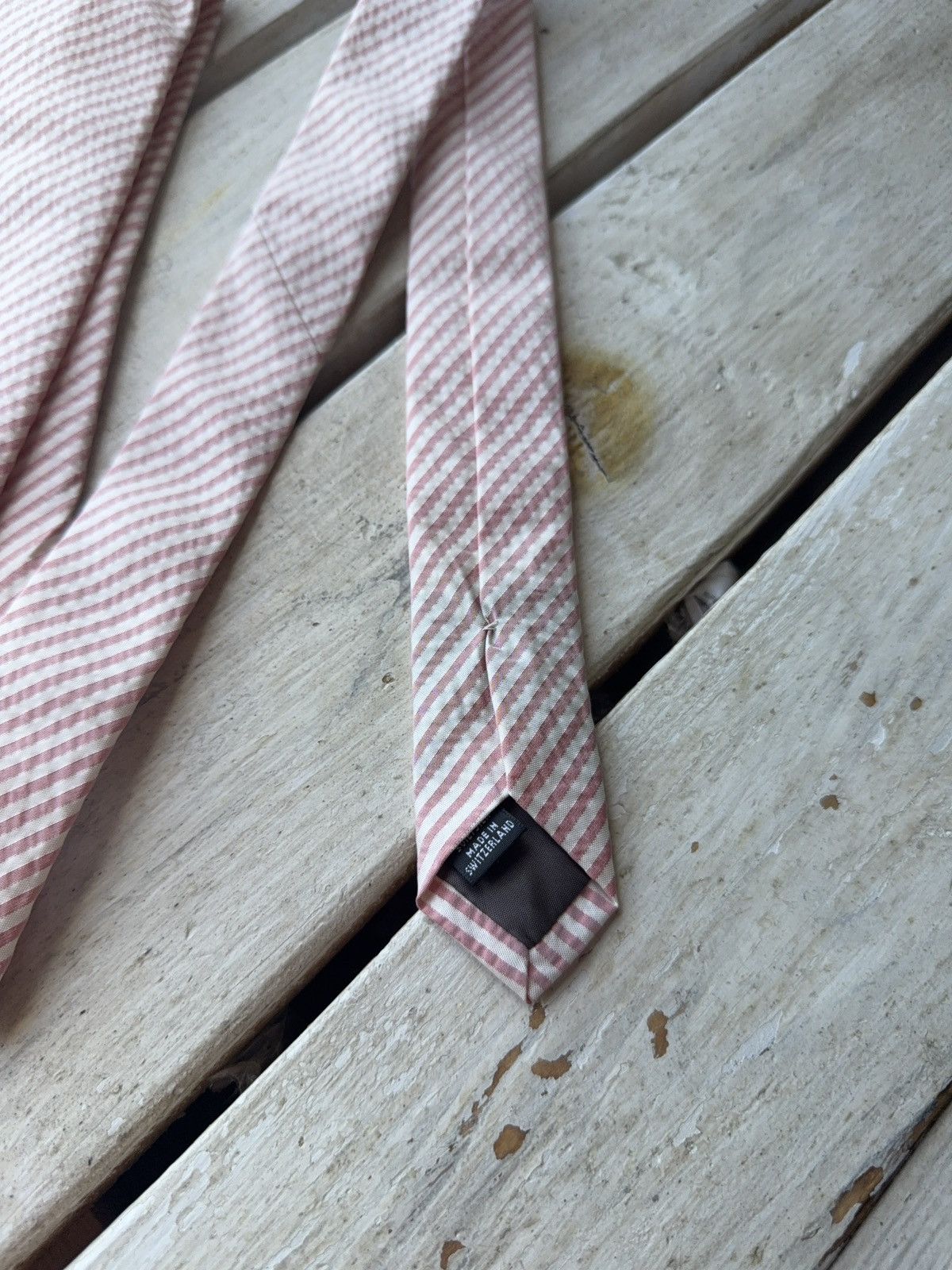 Designer × Karl Lagerfeld Vintage Karl Lagerfeld Striped Tie – Pink & White Seersucker Size ONE SIZE - 4 Thumbnail