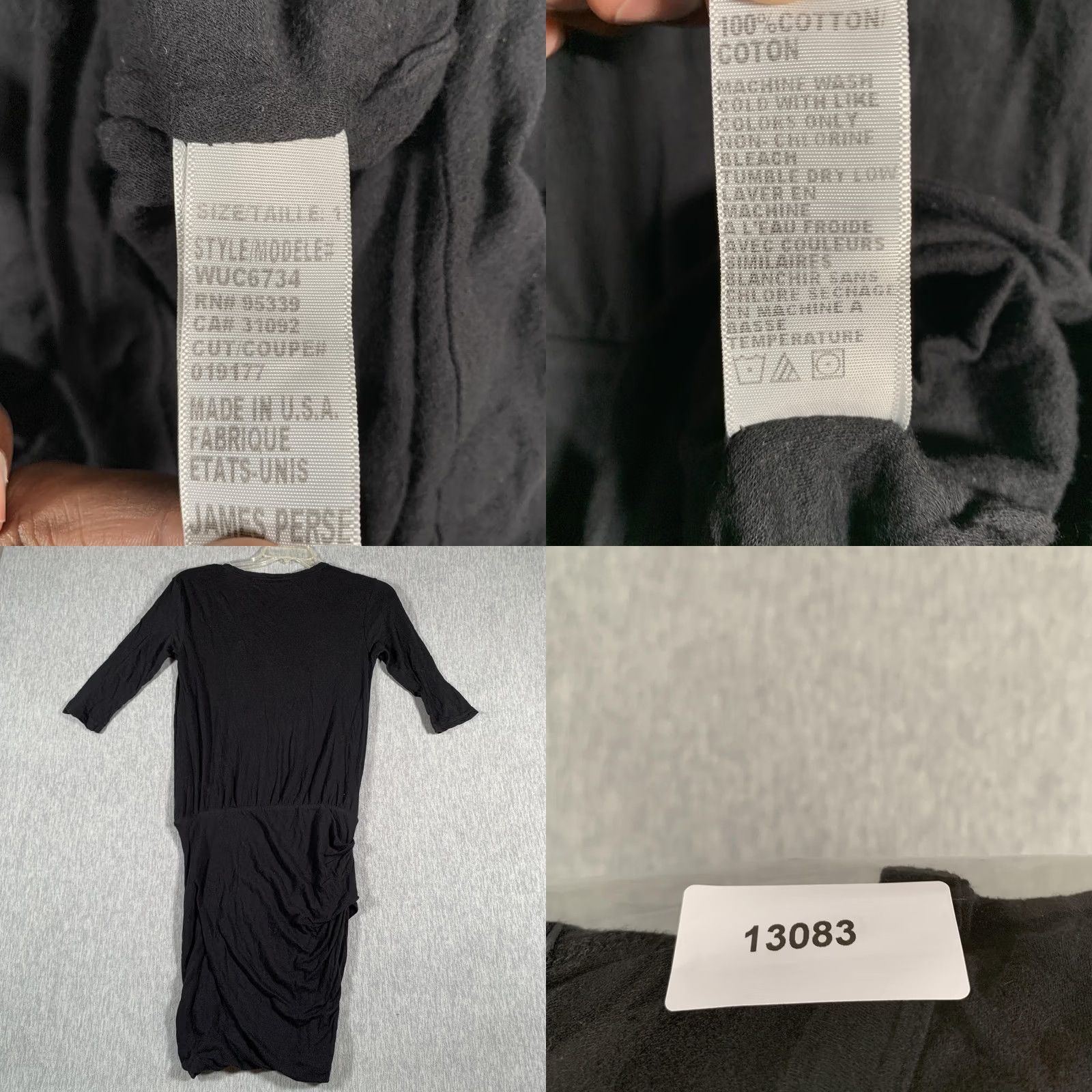 James Perse VINTAGE James Perse Dress Womens Small Black Ruched Midi 3/4 Sleeve Knit Casual WUC6734 Size XS / US 0-2 / IT 36-38 - 8 Thumbnail