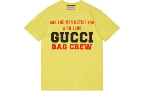 Image of Gucci 100 Logo Bag Crew Graphic Print T-Shirt in Yellow, Women's (Size Small)