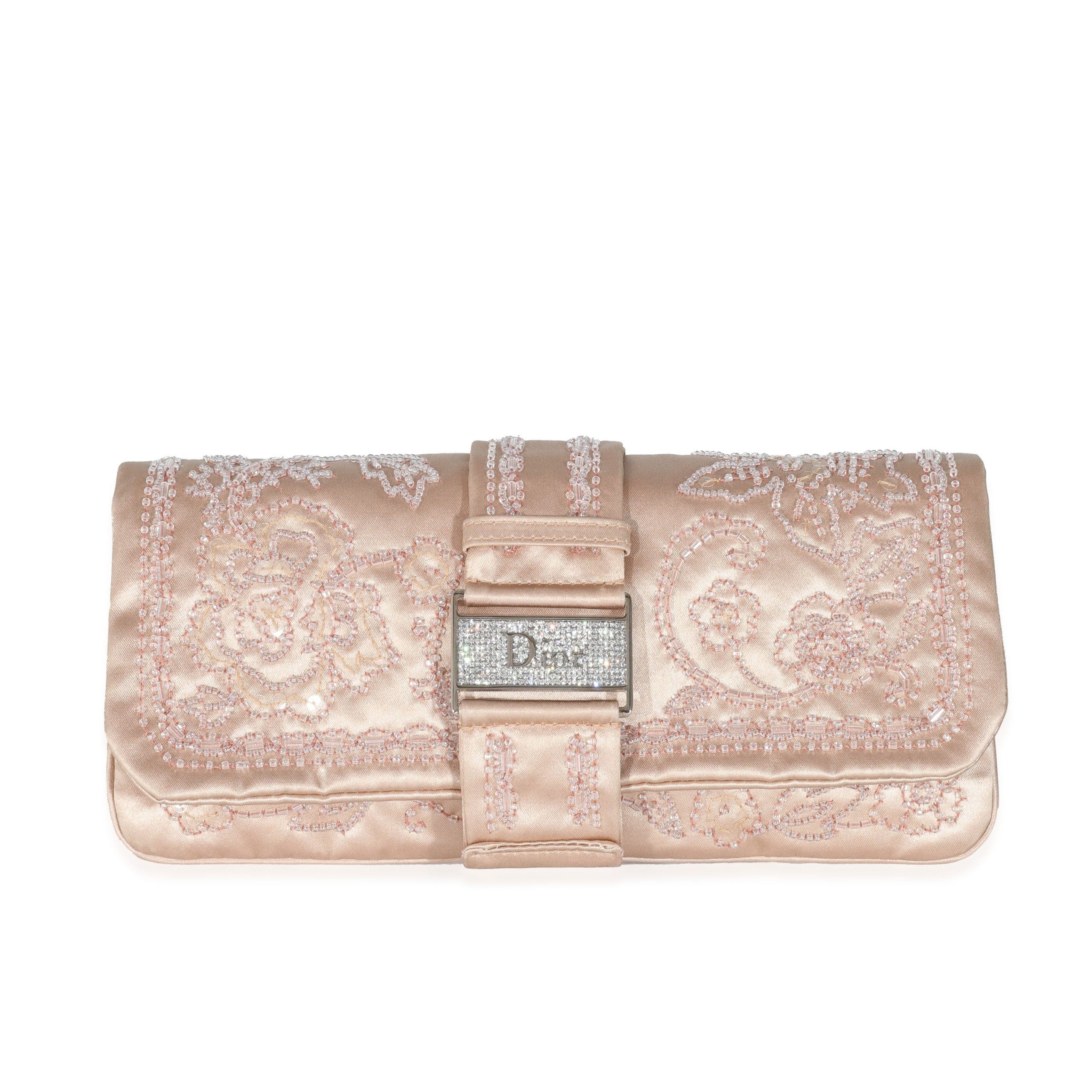 image of Christian Dior Vintage Pink Silk Beaded Flap Clutch, Women's