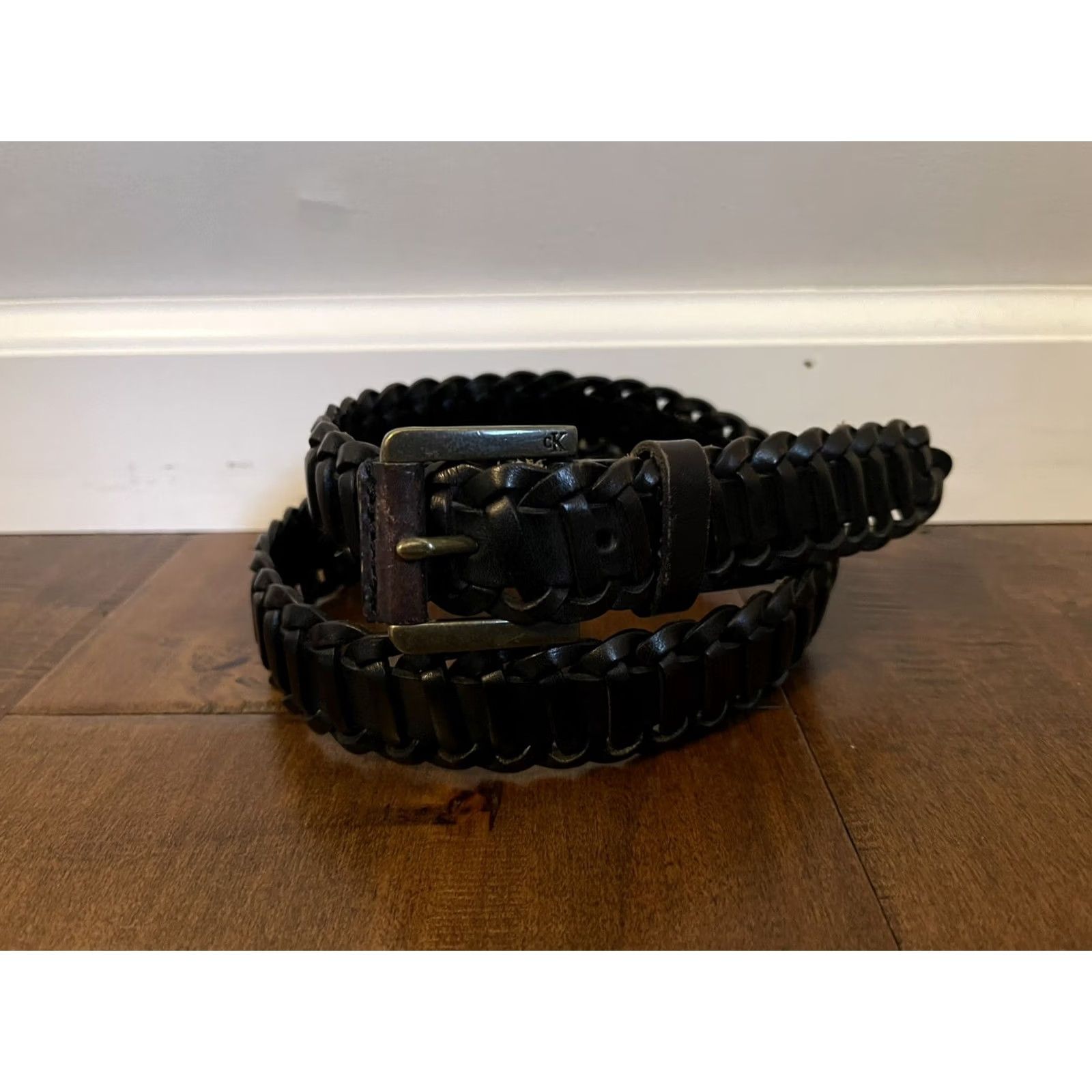 Calvin Klein VINTAGE Calvin Klein CK Leather Black Woven K18203 Belt Men 32 Black Leather 38 1/2 in Length 1 1/4 in Wide Mens Size 32 - 2 Thumbnail