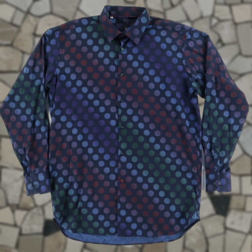 Vintage Visconti Black Gradient Sphere Dotted Long Sleeve Button Up Shirt Navy Blue Mens XLT Size US XL / EU 56 / 4 - 1 Thumbnail