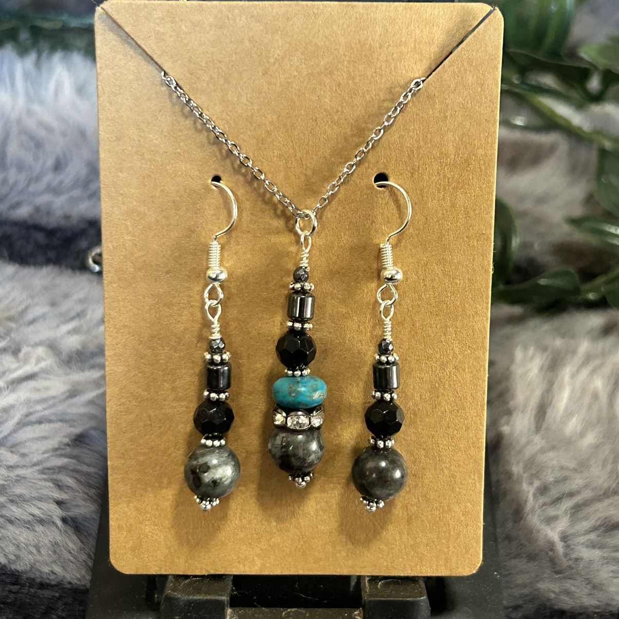 Handmade Handcrafted larvikite turquoise hematite crystal set Size ONE SIZE - 2 Thumbnail
