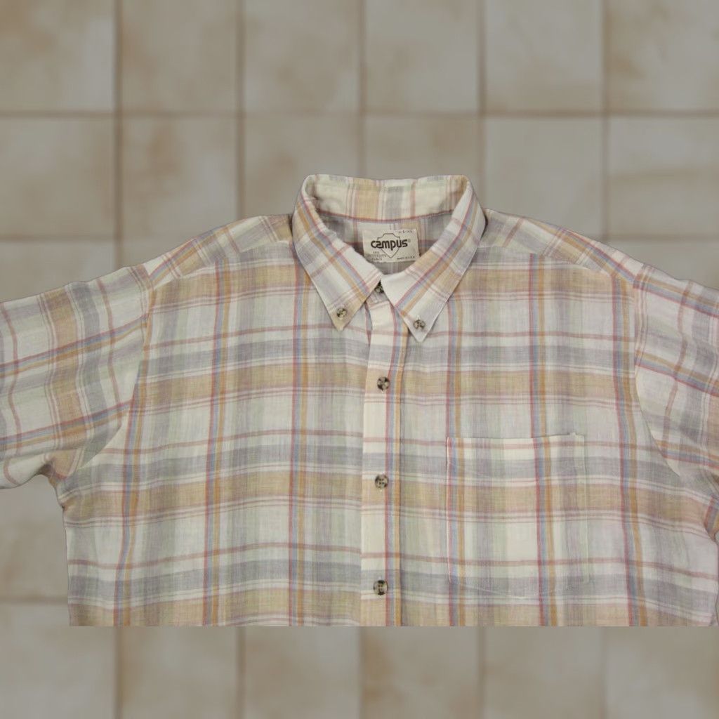 Vintage VINTAGE Campus Shirt Mens Regular 16-16.5 Large Beige Plaid 90s Collared Button-Up Short Sleeve Worldwide USA Size US L / EU 52-54 / 3 - 1 Thumbnail