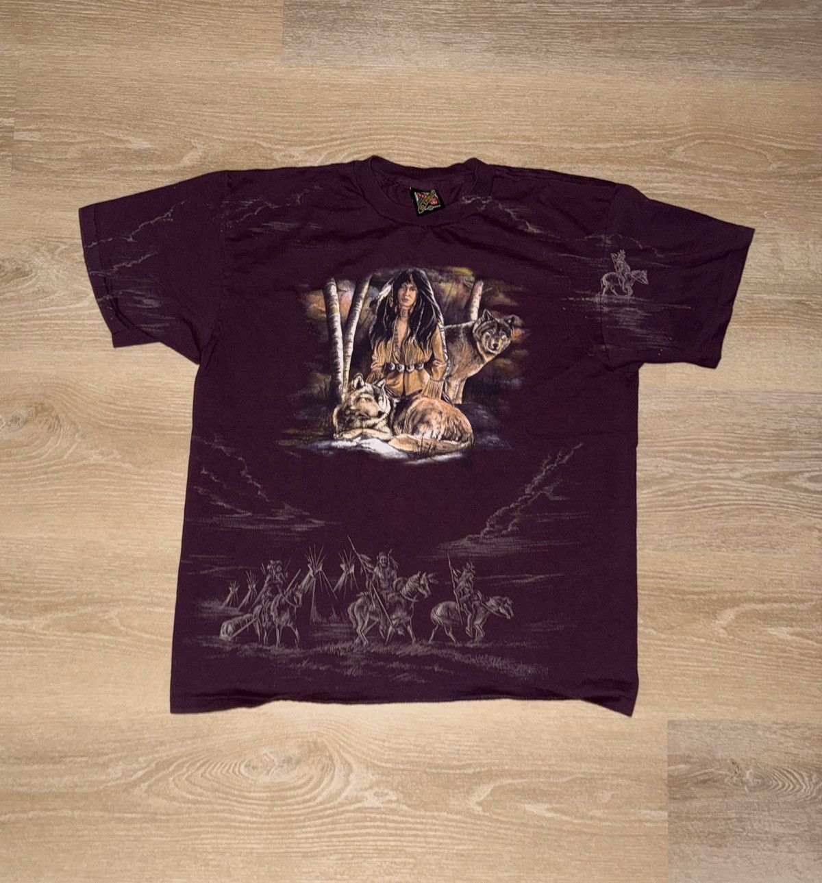 Vintage 90’s Native American Wolves AOP 3D Emblem T-Shirt