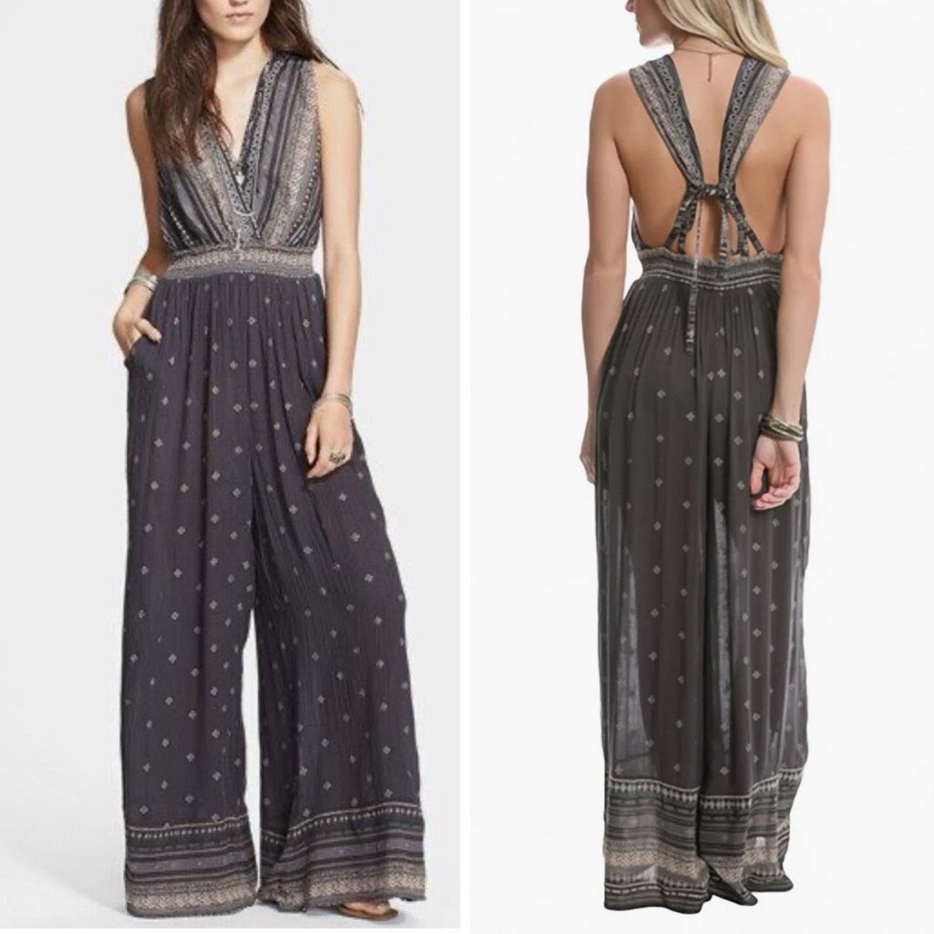 Free People Free People Deep V Boho Jumpsuit Grey $168 S Size US 27 - 1 Thumbnail