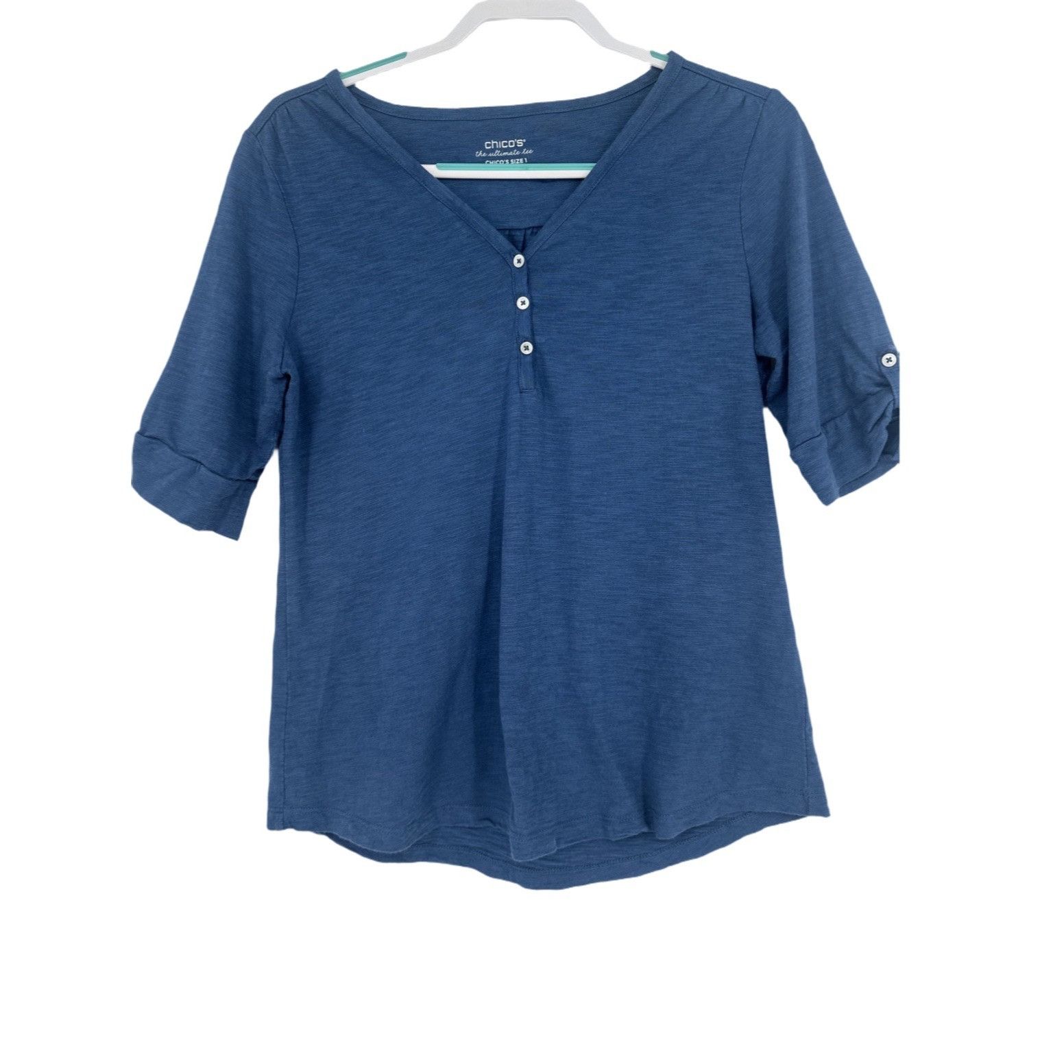 Chicos Chico's Women’s Blue 3/4 Sleeve Ultimate Tee Button Up Size Size M / US 6-8 / IT 42-44 - 1 Thumbnail