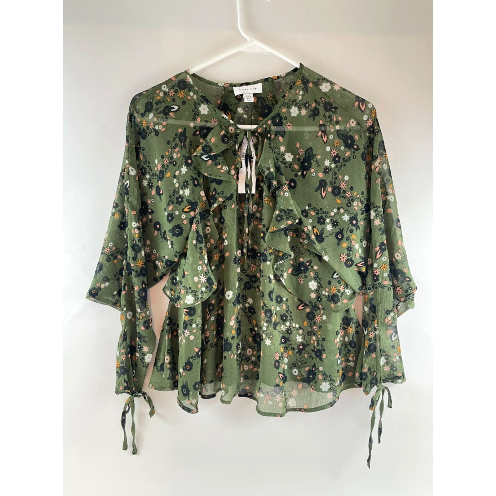 Topshop Topshop Blouse Women's Size 4 Green Floral Ruffles Long Sleeve Sheer Soft Top Size S / US 4 / IT 40 - 2 Thumbnail