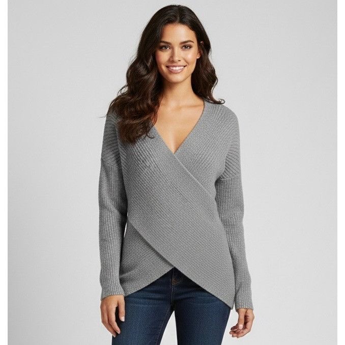 Express Express Gray Metallic Faux Wrap Knit Sweater | Glamoratti Mo Size S / US 4 / IT 40 - 1 Thumbnail