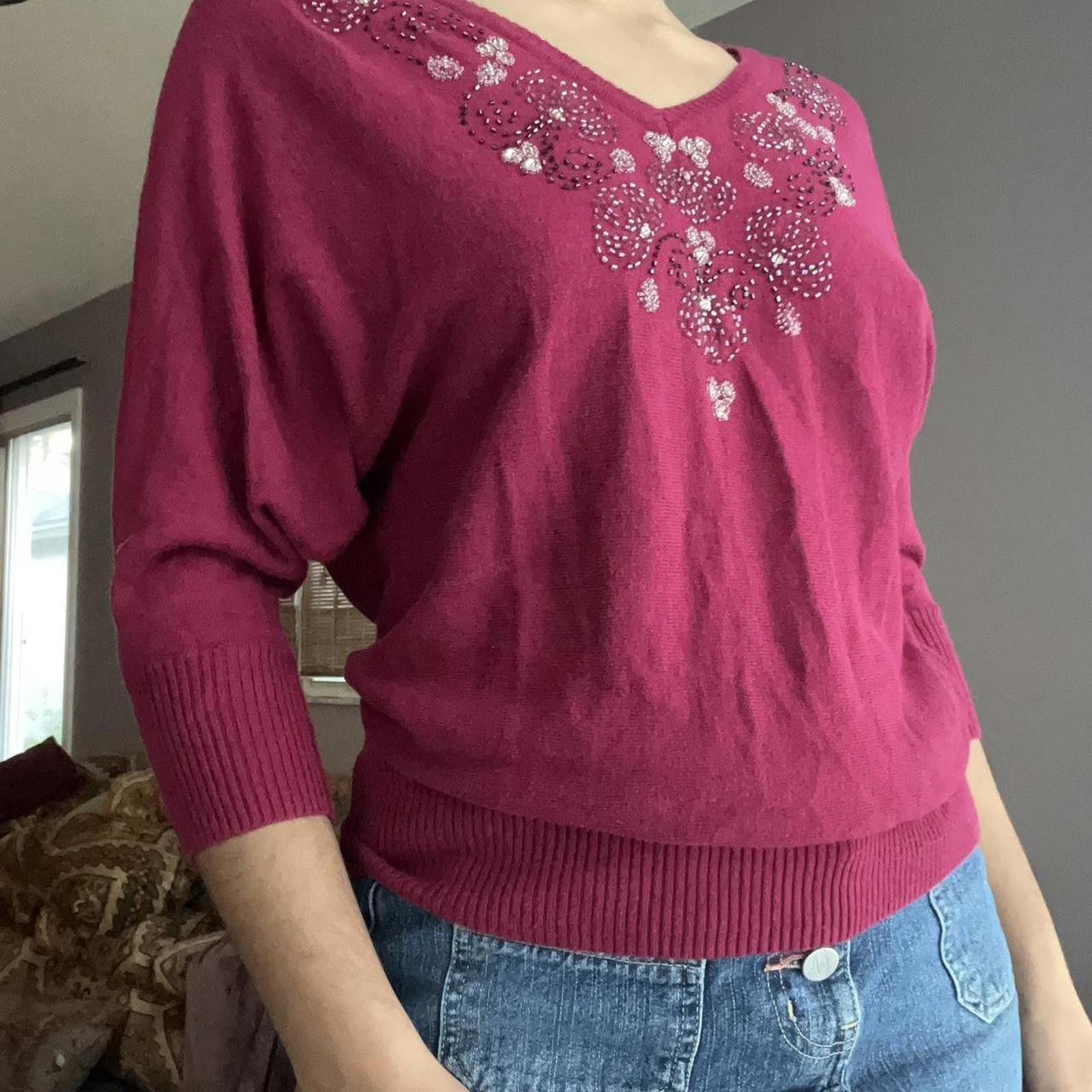 Lauren Conrad Burgundy sweater with beaded neckline Size S / US 4 / IT 40 - 6 Thumbnail