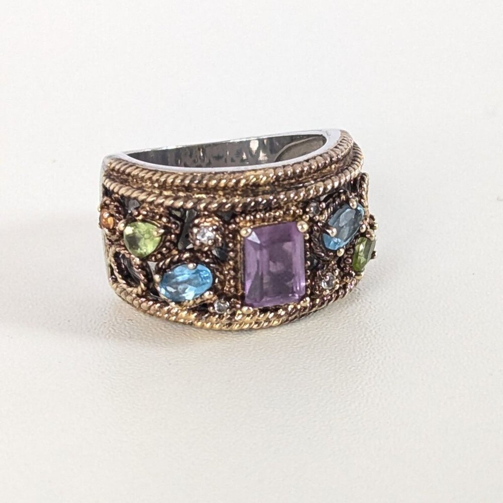 Vintage Sima K Amethyst Multi Gemstone Two Tone Silver Cocktail Ring Size ONE SIZE - 1 Thumbnail