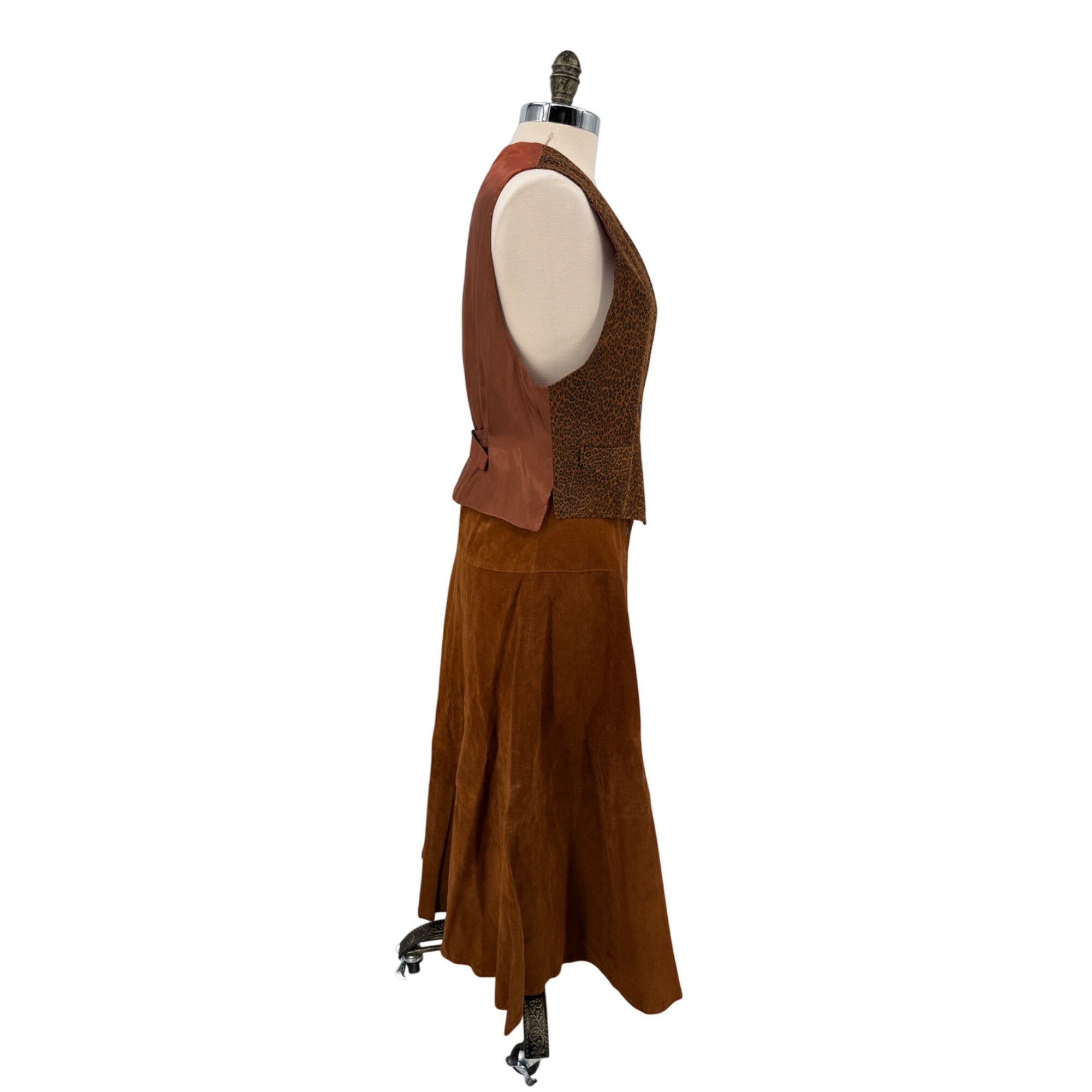 Other Vintage Brown Leopard Print Vest & Suede Skirt Set Button De Size 28" / US 6 / IT 42 - 5 Thumbnail
