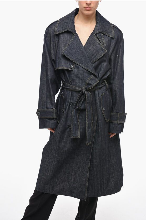 image of The Mannei Denim Double-Breasted Aspos Trench With Notch Lapel in Blue, Women's (Size XS)