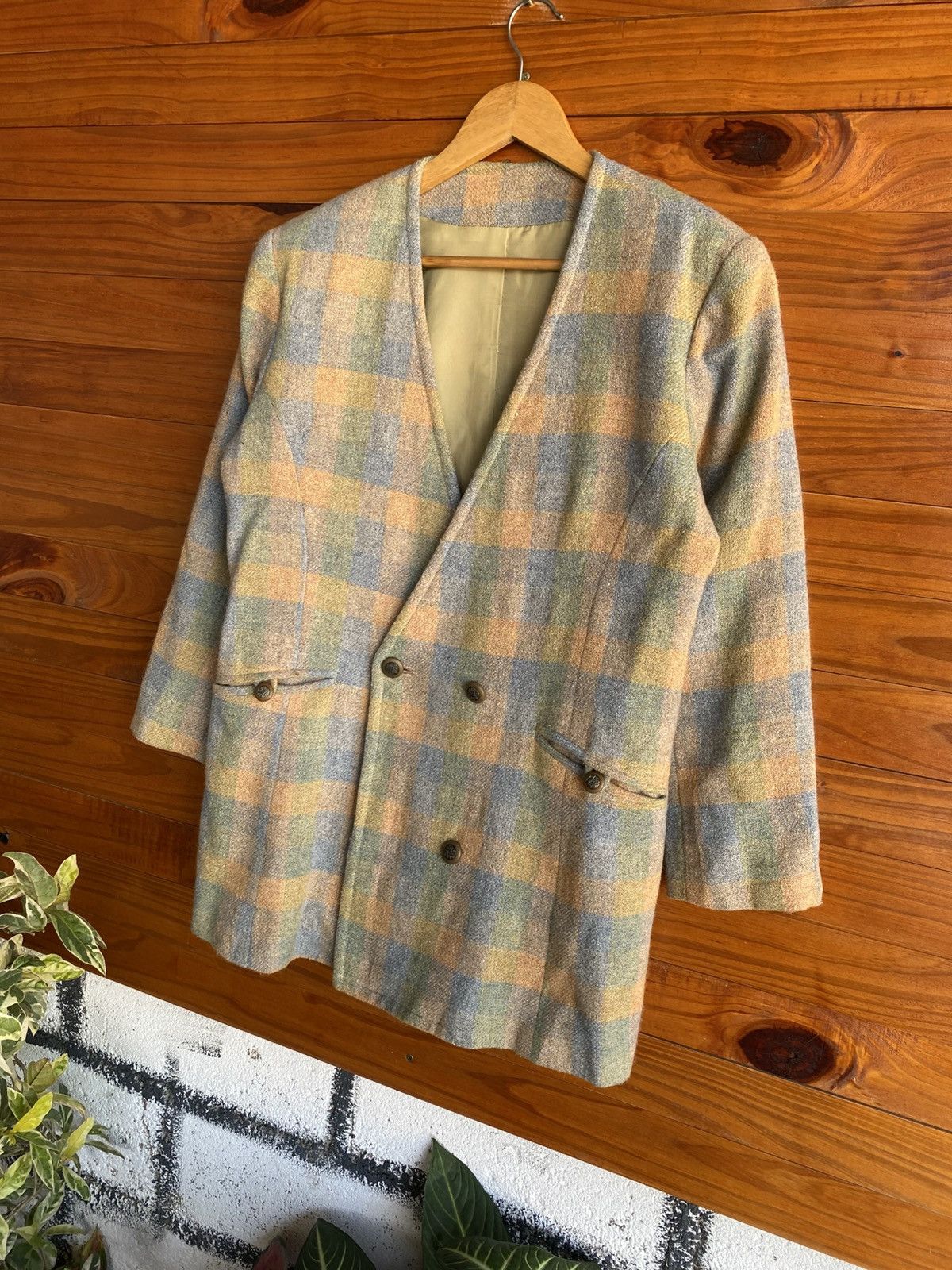 Japanese Brand Vintage Wool Plaid Blazer Jacket | Pastel Check Double Coat Size M / US 6-8 / IT 42-44 - 4 Thumbnail