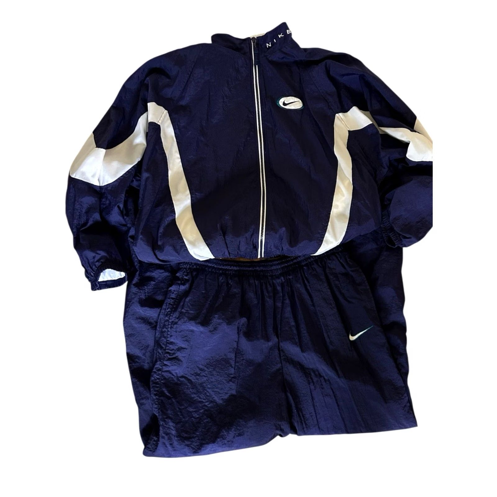 Nike VINTAGE Nike Nylon Track Suit Set Shirt Men L Blue Teal White 1990s Size 42R - 4 Thumbnail