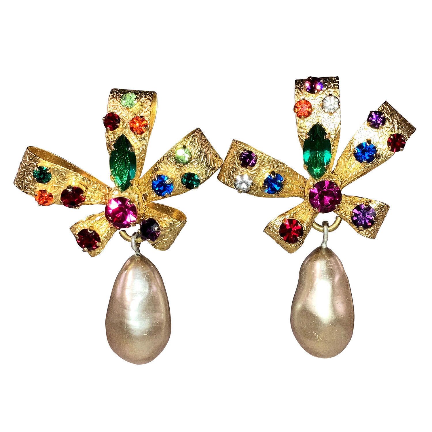 Designer Haute Couture Gold Bow Rhinestone Simulated Pearl Earrings Size ONE SIZE - 1 Thumbnail