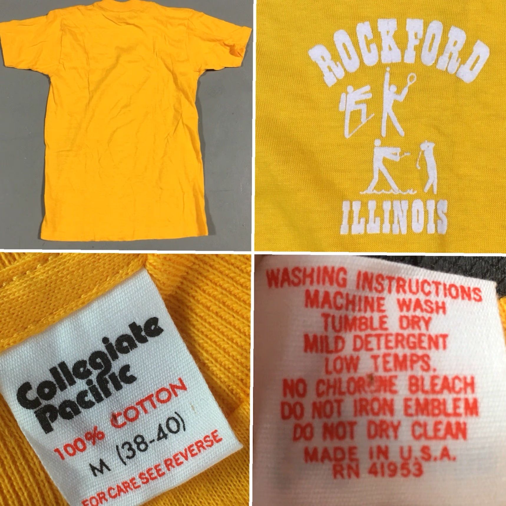 Vintage VINTAGE Collegiate Pacific Rockford Illinois T-Shirt Yellow 1980s 80s Size M Mens Short Sleeve 100% Cotton Graphic Tee Size US M / EU 48-50 / 2 - 4 Thumbnail